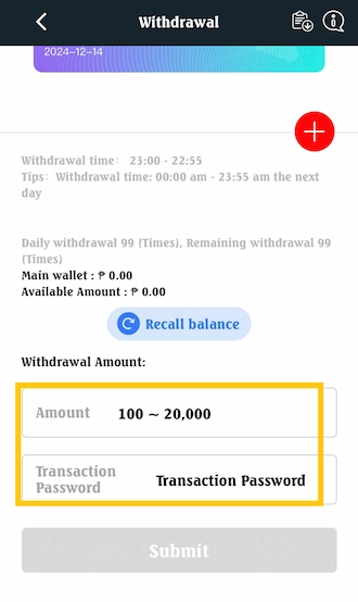 📌Step 2: Newbies here enter the withdrawal amount (20-200 PHP) and your transaction password. 